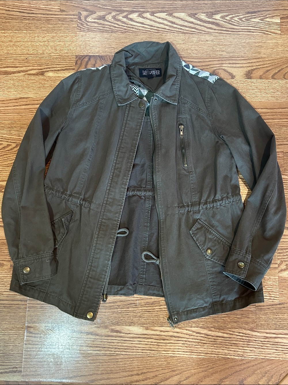Sweet Wanderer Olive Utility Jacket with Subtle Patterned Yoke